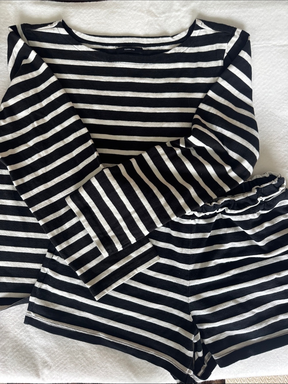 J.Crew Striped Knit Lounge Set Top M Shorts S Black White Coastal Breton